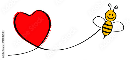 Flying bee route with heart. Love hearts symbol. happy bee smile face. Abstract yellow beehive background. Honeycomb cells pattern. Vector sign. Don't worry Be happy