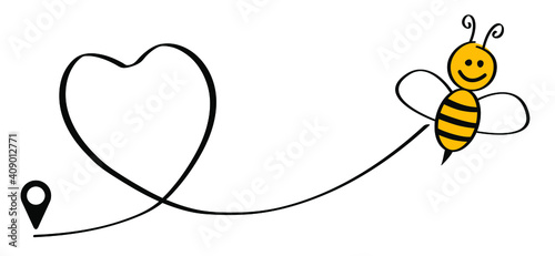 Flying bee route with heart. Love hearts symbol. happy bee smile face. Abstract yellow beehive background. Honeycomb cells pattern. Vector sign. Don't worry Be happy