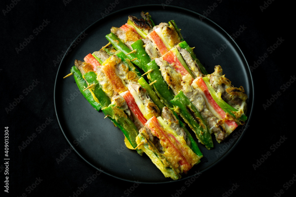 Meat and Vegetable Skewers which is called Sanjeok in Korea Meat and Vegetable Skewers which is called Sanjeok in Korea
