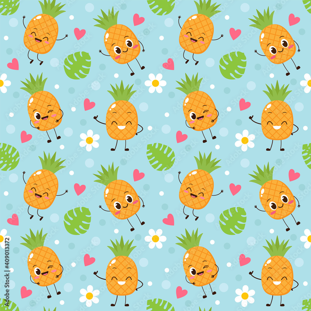 Fototapeta premium Seamless pattern with cartoon happy pineapples