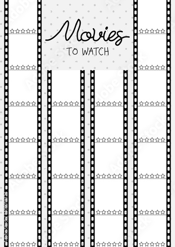 Printable A4 paper sheet with cine-film on polka dot background. Minimalist planner of watching movies and series for journal page, daily planner template, blank for notebook.