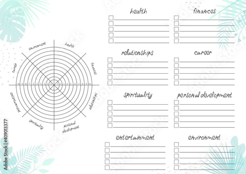 Printable A4 paper sheet with tropical leaves and Wheel of Life - diagram with blank lines to fill. Coaching tool for bullet journal page, daily planner template, blank for notebook.