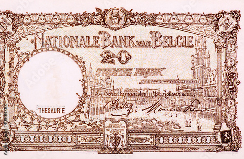 Bruxelles squre at center right. Portrait from Belgium 20 Francs 1944 Banknotes. photo