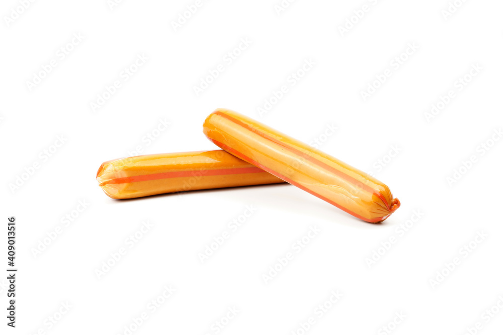 Two fresh fragrant, tasty sausages on a white Two fresh fragrant, tasty sausages on a white