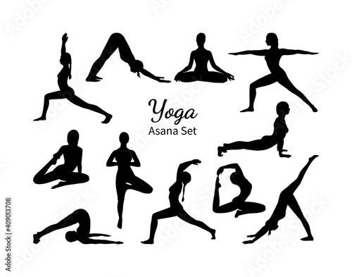 Yoga asana set. Set of female silhouettes exercising yoga. Hand drawn sketch vector illustration isolated on white background