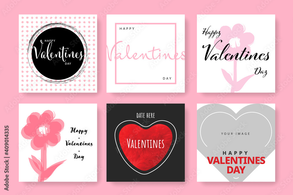 Set of valentines social media graphics design for instagram and facebook, pink and red design elements with hearts and geometrical shapes Set of valentines social media graphics design for instagram and facebook, pink and red design elements with hearts and geometrical shapes