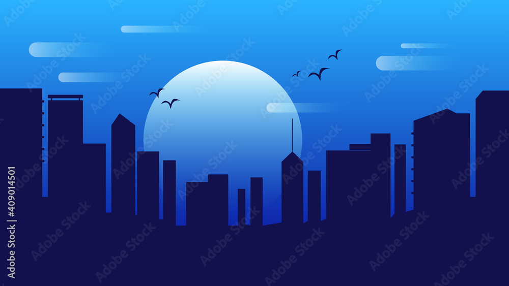 1920 x 1080 Blue City Silhouette Landscape with Gradient Background, Moon, Sky, and Flying Birds