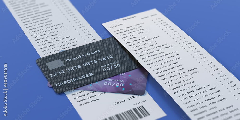 Naklejka premium Credit cards and paper receipt on blue background. 3d illustration