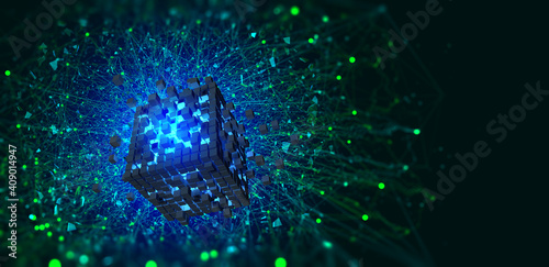 Big Date, Blockchain, hi tech. Information flow, decentralized global database structure. 3D illustration of nanotech cubes in cyberspace © Siarhei