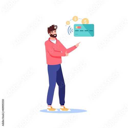 Vector cartoon flat man character presents nfc contactless payment.Happy customer shows way to buy goods,make wireless pay with nfc smart card-modern payment technology,online web ad banner concept