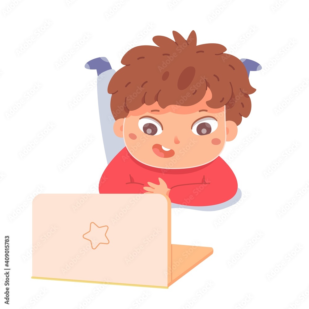 Kid lying on floor watching at laptop. Little boy looking at computer. Child with mobile device vector illustration. Indoor fun activities with electronics Kid lying on floor watching at laptop. Little boy looking at computer. Child with mobile device vector illustration. Indoor fun activities with electronics