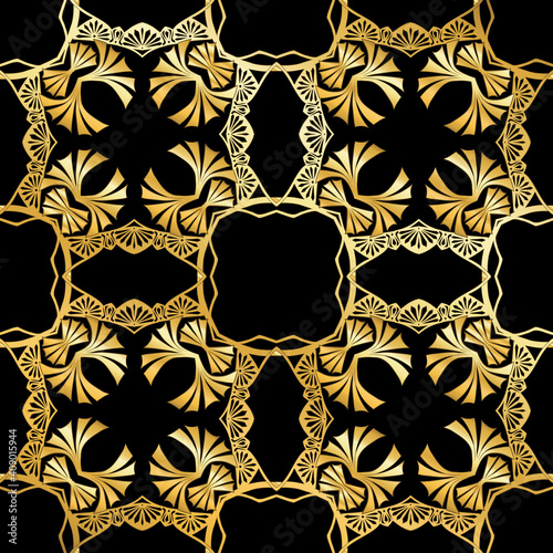 Seamless pattern, background. Colored vector illustration in art nouveau style, vintage, old, retro style. In black and gold colors..