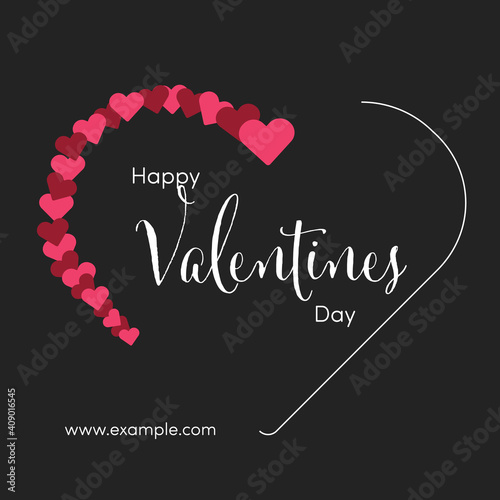 Minimalistic valentines social media template with heart made of little hearts on the dark background, white thin lines shaping heart