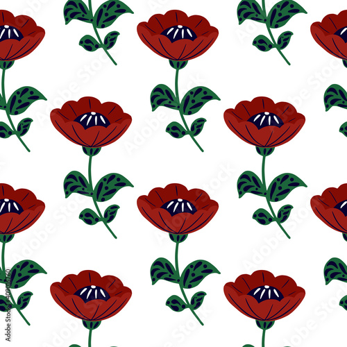 Isolated seamless pattern with red flowers folk ornament. White background. Bright floral creative print.
