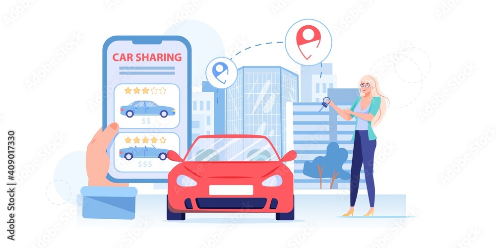 Vector cartoon flat character use car sharing service,happy smiling girl using online mobile app on smartphone screen for car share-web site,application design,social media concept Vector cartoon flat character use car sharing service,happy smiling girl using online mobile app on smartphone screen for car share-web site,application design,social media concept