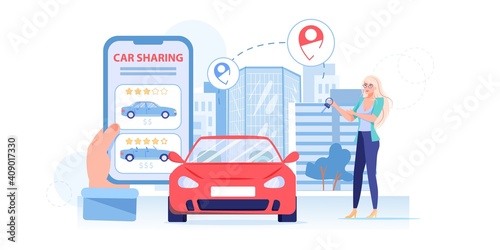 Vector cartoon flat character use car sharing service,happy smiling girl using online mobile app on smartphone screen for car share-web site,application design,social media concept