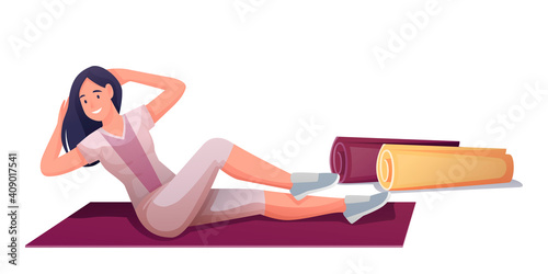 Young woman exercising on mat. Happy smiling girl sitting on mat and doing stretching exercises vector illustration. Healthy active lifestyle. Female isolated on white background