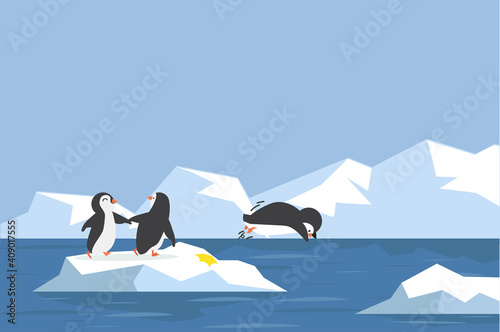 North pole Arctic penguin on ice are jumping with ice mountain