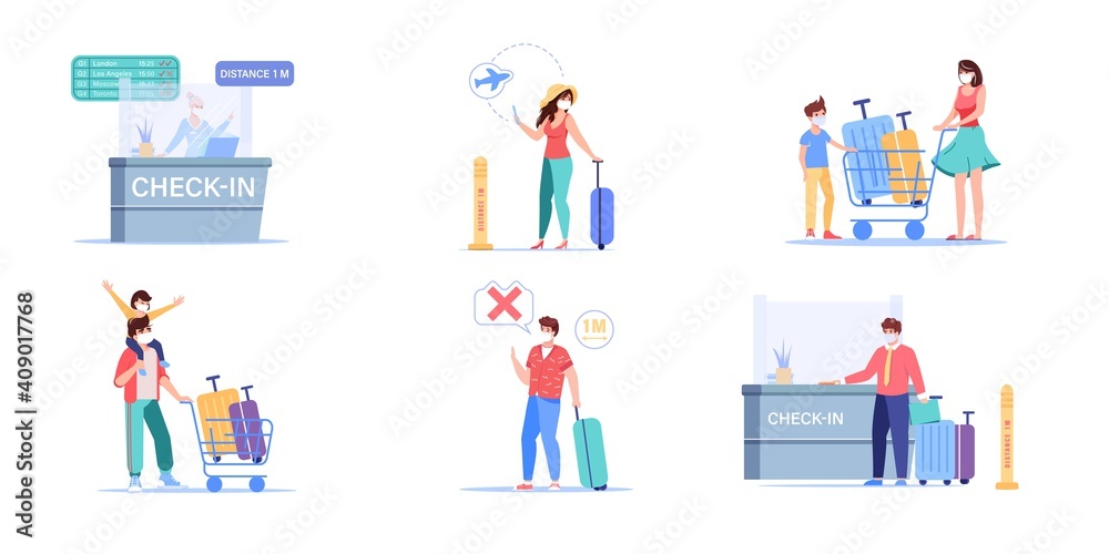 Set of vector cartoon flat airport traveler characters,employees and travelers shows coronavirus prevention,covid protection measures-wearing face mask,social distancing,medical treatment concept