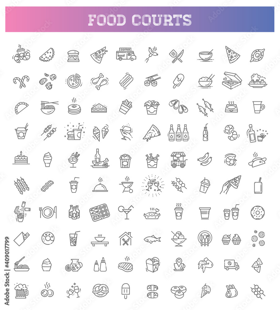 Food courts icons set. Outline set of food courts vector icons Food courts icons set. Outline set of food courts vector icons