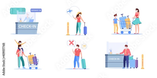 Set of vector cartoon flat airport traveler characters,employees and travelers shows coronavirus prevention,covid protection measures-wearing face mask,social distancing,medical treatment concept