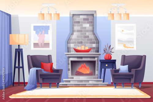 Winter cabin with fireplace interior design background. Vacation at ski resort vector illustration. Modern apartment with armchairs, fire with mantelpiece with candles, posters, carpet