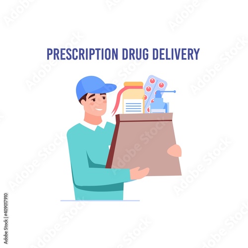 Vector cartoon flat man character carry online order buys.Medical delivery service,courier person delivers order,medicines to customer-online pharmacy store,telemedicine,web banner ad concept