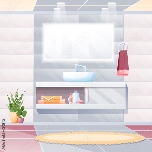 Bathroom at home interior design background. Modern room with sink and tap with water, mirror, towel, carpet and plants on floor, open shelf vector illustration. House elements