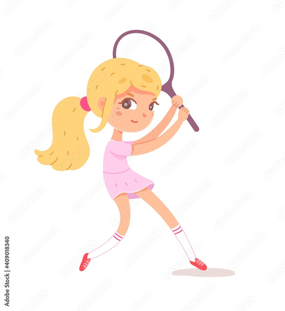 Girl playing tennis with racket. Happy kid doing healthy exercise and sport vector illustration. Child athlete plays game smiling in competition isolated on white background Girl playing tennis with racket. Happy kid doing healthy exercise and sport vector illustration. Child athlete plays game smiling in competition isolated on white background