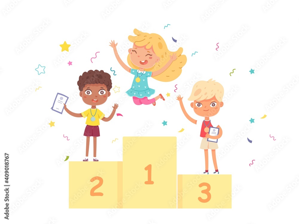Kids on podium after competition. Happy boys and girl with diplomas and medals. School achievements and success vector illustration. Winners on pedestal, celebration with rewards Kids on podium after competition. Happy boys and girl with diplomas and medals. School achievements and success vector illustration. Winners on pedestal, celebration with rewards