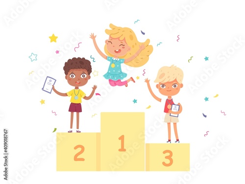 Kids on podium after competition. Happy boys and girl with diplomas and medals. School achievements and success vector illustration. Winners on pedestal, celebration with rewards