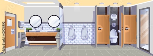 Public toilet interior design background. Modern restroom view vector illustration. WC room with sinks, taps, mirrors, urinals, toilets with doors, hand dryer, paper towels