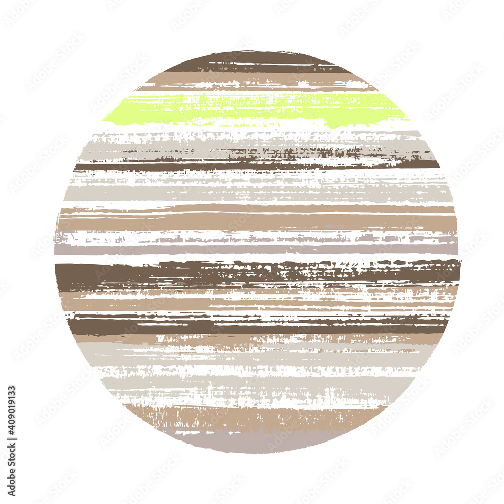 Modern circle vector geometric shape with striped texture of paint horizontal lines. Old paint texture disk. Stamp round shape logotype circle with grunge background of stripes.
