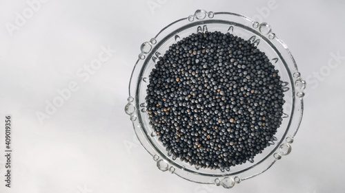 mustard seeds in glass bowl on a white isolated surface