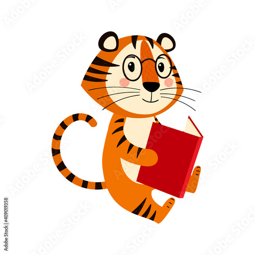 Cute cartoon striped red tiger. Tiger with glasses sits and reads a book. Printing for children's T-shirts, greeting cards, posters. Hand-drawn vector stock illustration isolated on a white