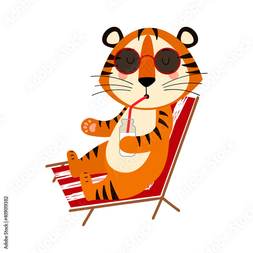 Cute cartoon striped red tiger. Tiger is sitting on chaise longue and drinking cocktail. Printing for children's T-shirts, greeting cards, posters. Hand-drawn vector stock illustration isolated