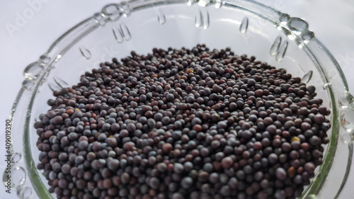mustard seeds in glass bowl on a white isolated surface