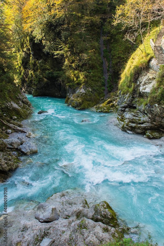 The confluence of the rivers Tolminka and Zadlascica in Tolmin Gorge in the Triglav National Park, north western Slovenia

