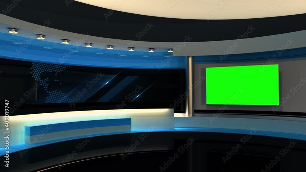 Tv studio. News room. Studio Background. Blue. Newsroom bakground. Control room. Backdrop for any green screen or chroma key video production. Blurred of studio at TV station. Loop. 3D rendering. 
