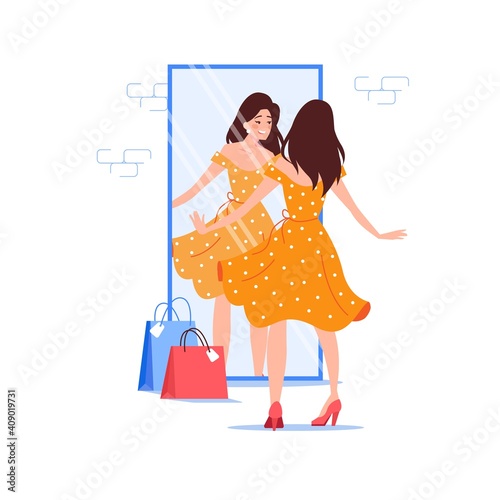Vector cartoon flat woman character trying new dress outfit.Happy girl customer at fashion shop fitting room wear beautiful trendy dress,look in mirror-clothing store,web site banner ad concept