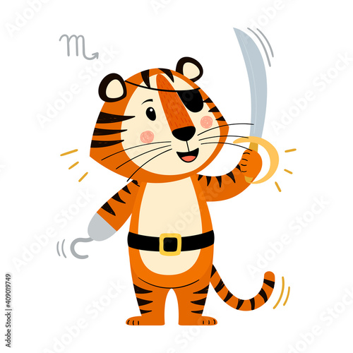 Fototapeta Naklejka Na Ścianę i Meble -  Cute cartoon striped red tiger. A tiger in the form of a pirate with a saber. Printing for children's T-shirts, greeting cards, posters. Hand-drawn vector stock illustration isolated on a white