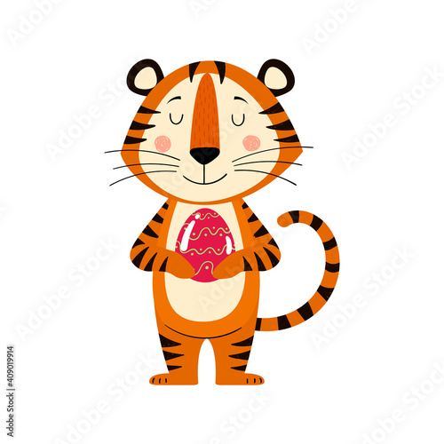 Cute cartoon striped red tiger. A tiger is holding an Easter egg. Printing for children s T-shirts  greeting cards  posters. Hand-drawn vector stock illustration isolated on a white