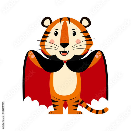 Fototapeta Naklejka Na Ścianę i Meble -  Cute cartoon striped red tiger. Tiger in Halloween costume of Count Dracula vampire. Printing for children's T-shirts, greeting cards, posters. Hand-drawn vector stock illustration isolated on a white