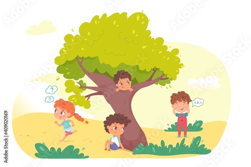 Little kids playing hide and seek in park. Playing game with friends outdoor in summer vacations vector illustration. Boy counting, boys hiding begind tree, girl running to hide