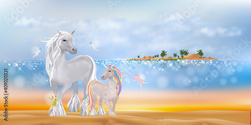 Unicorn family walking on sand beach cute little fairies flying in the morning,Tropical sea with blue ocean, coconut palm tree on island,Vector wonderland seaside background for kids on summer holiday