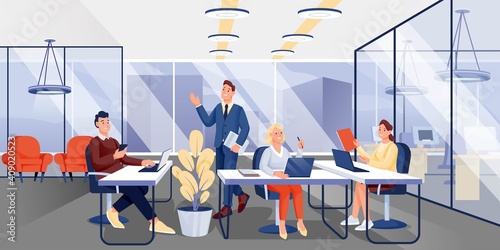People working in office. Workplace vector illustration. Men and women working with laptops and talking together. Horizontal panorama of workspace