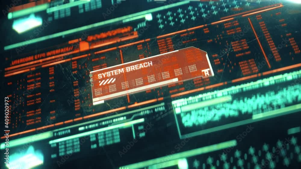 System breach text on glitching computer screen, security breach, data theft. Computer hacking attack visualization System breach text on glitching computer screen, security breach, data theft. Computer hacking attack visualization
