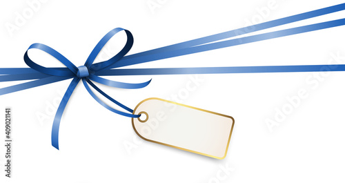 blue colored ribbon bow with hang tag