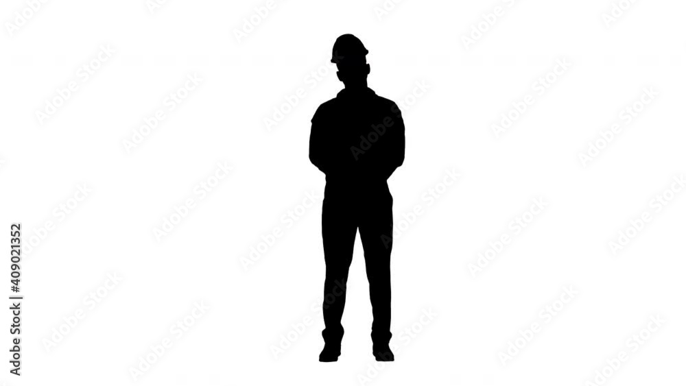 Confident engineer wearing a white helmet standing and changing poses, Alpha Channel Confident engineer wearing a white helmet standing and changing poses, Alpha Channel