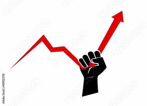 Human hand holding up a broken stock market chart arrow or finance trend. Symbol of positive growth, improvement and price manipulation.